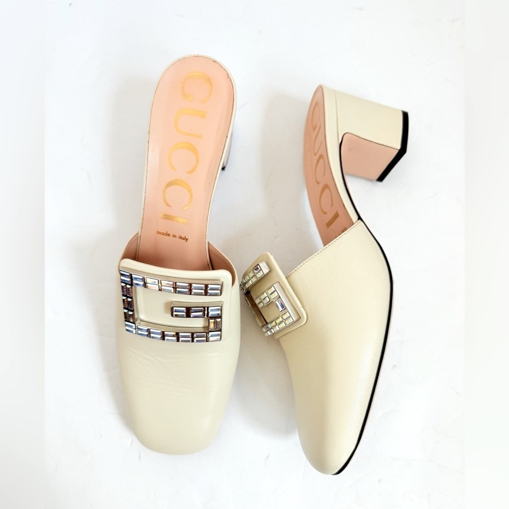 Gucci Mystic White/ Off-White Leather Madelyn Crystal G Mules Block Heel Eu 41
